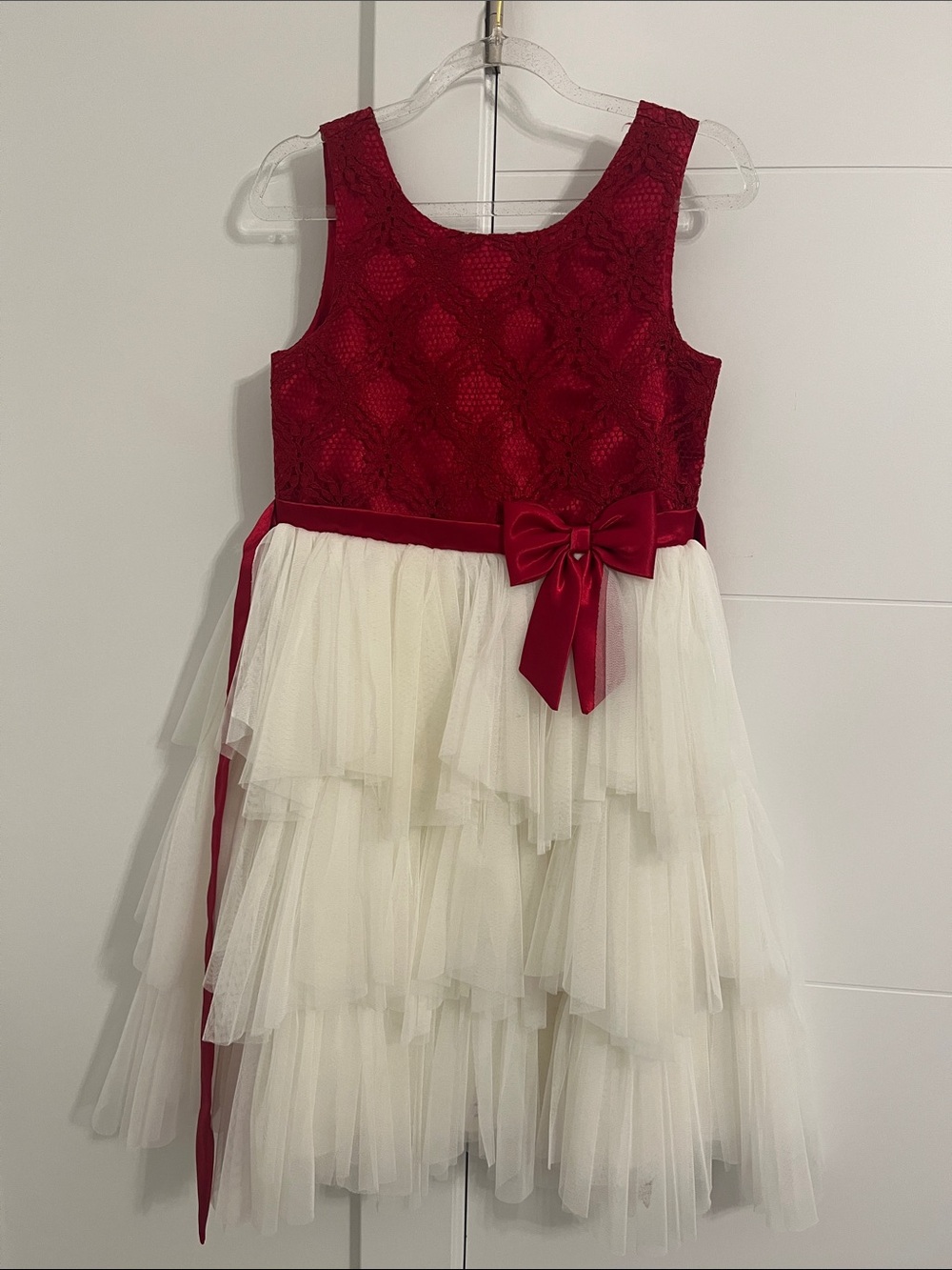 American Princess Red Lace Bodice Ivory Tulle Tiered Dress with Bow